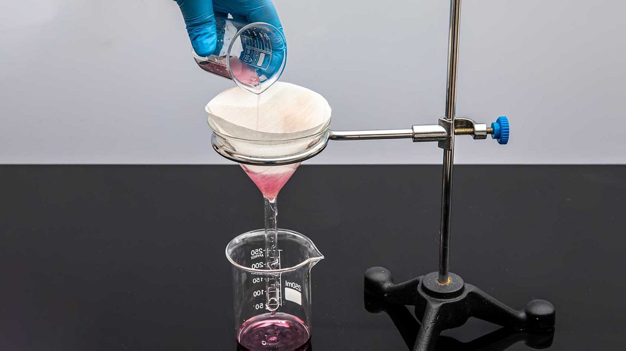 Person doing science experiment - a hand pours liquid into a filter, with the liquid coming through the filter into a jug - part of the process of filtration.