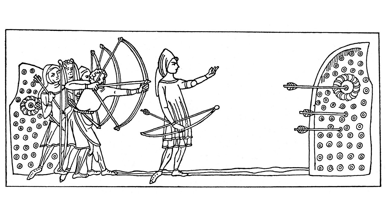 Illustration of archery practice with the bow and target