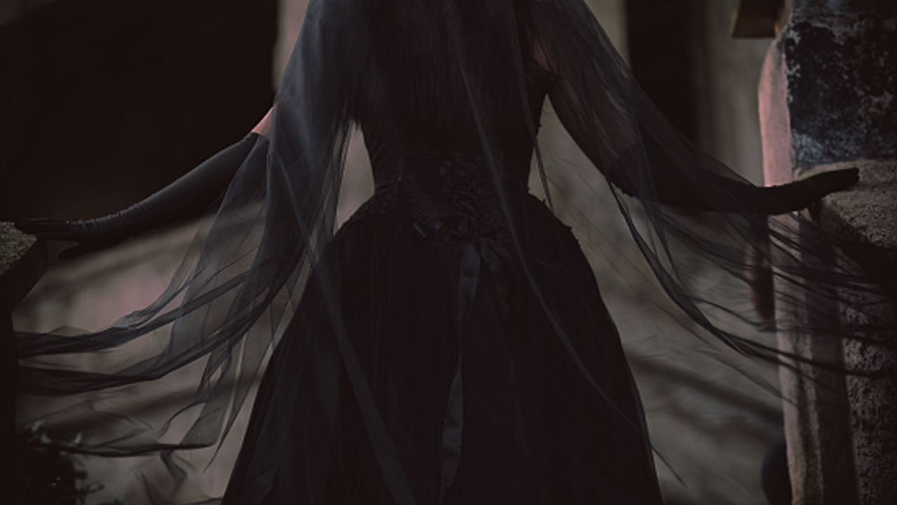 A woman from the back in a clack flowing dress and black veil.