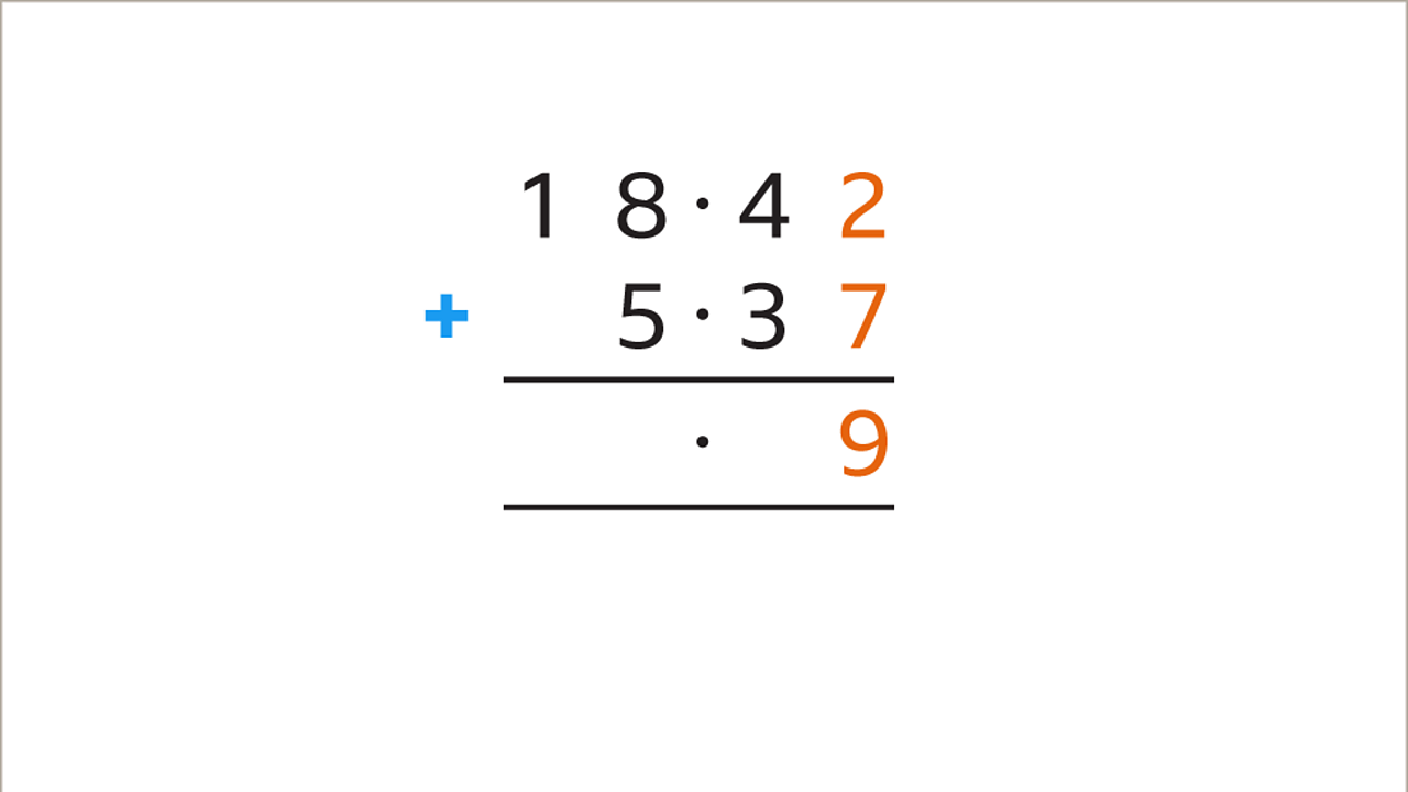 Eighteen point four two plus five point three seven with nine in the equals section under two and seven – all are highlighted.