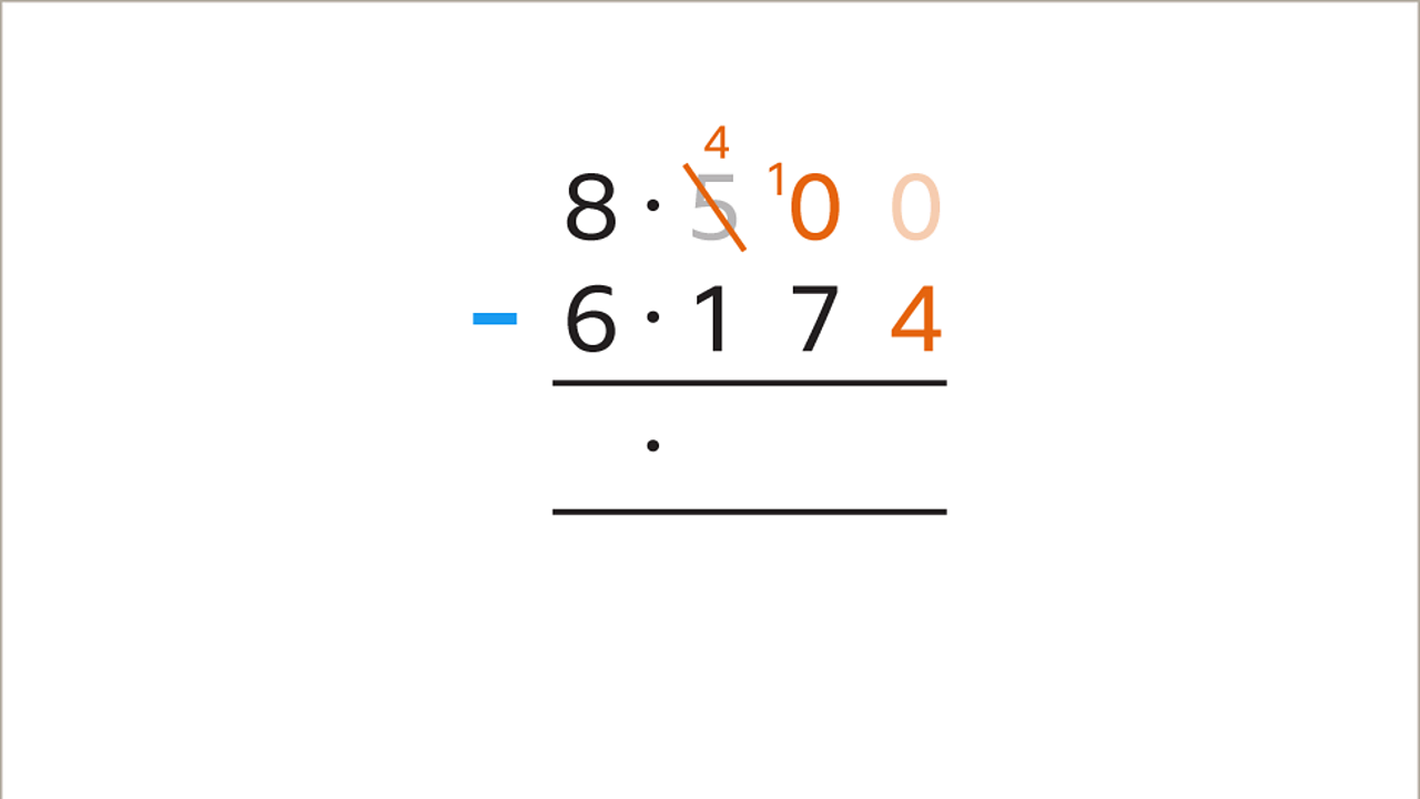 Five has been crossed out and a four – highlighted – has been place above it. The one taken from it has been placed next to the zero in the hundredths column to make ten.