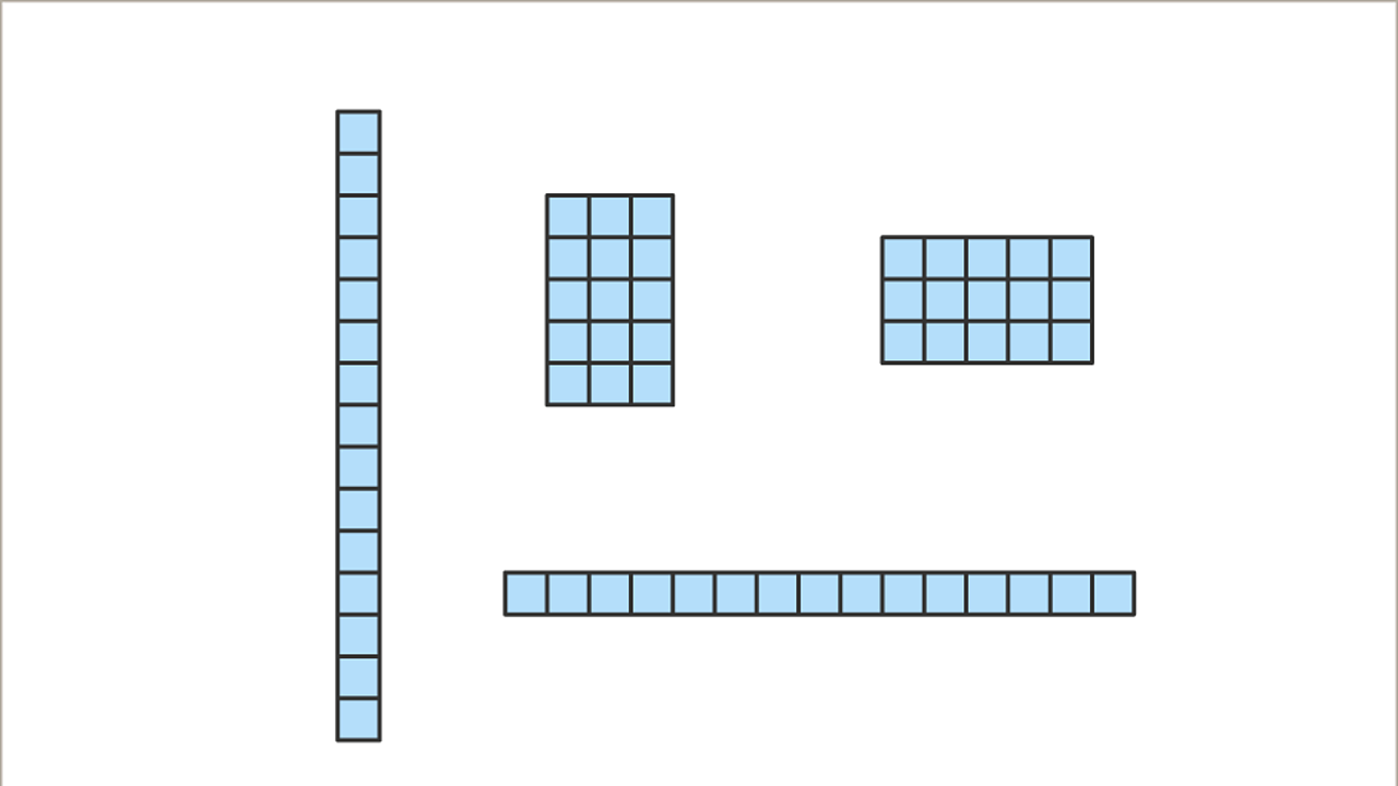 Four diagrams each made-up of fifteen blocks. Two are bars – one is vertical; one is horizontal. Two are grids – one is three by five; one is five by three.