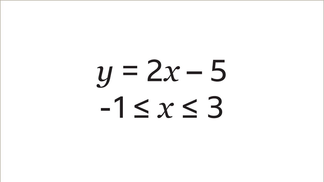 Y equals two x minus five. Minus one is less than or equal to x, which is less than or equal to three.