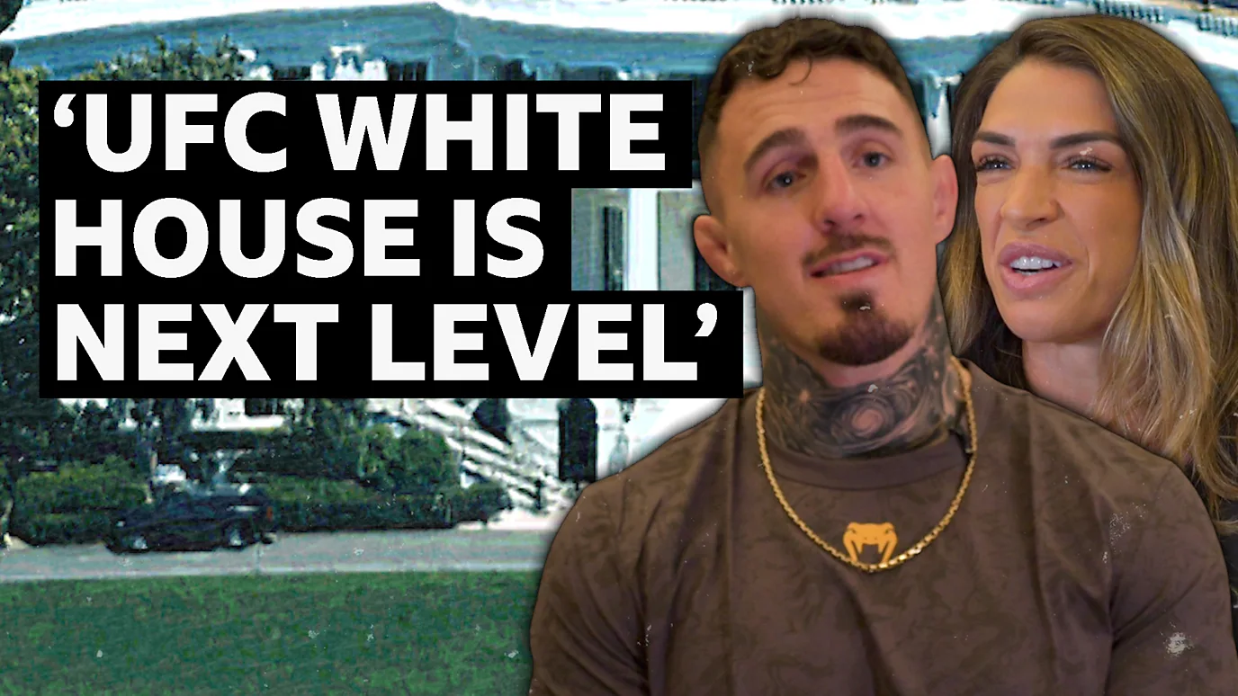 Graphic featuring bold text reading “'UFC WHITE HOUSE IS NEXT LEVEL'” on a black background, alongside photos of UFC fighters Tom Aspinall and Mackenzie Dern