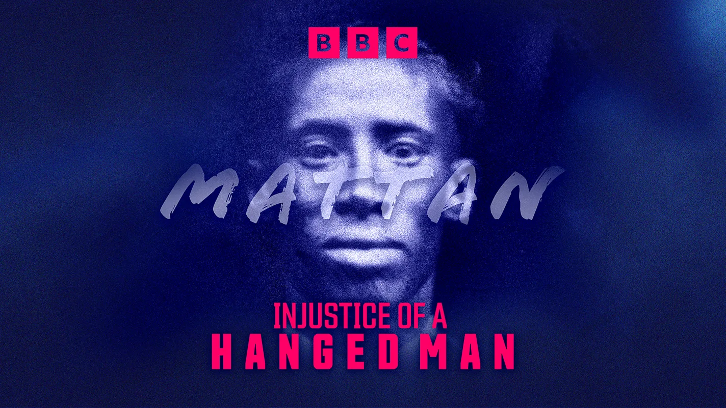 Title card of the BBC podcast 'Mattan: Injustice of a hanged man', showing the title superimposed on Mahmood's face.