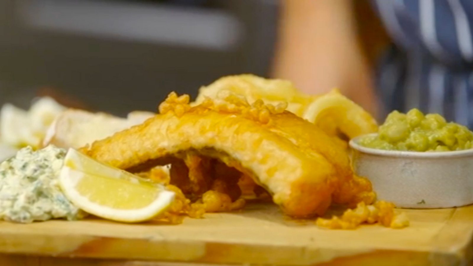 Beer battered hake with mushy peas and tartare sauce recipe BBC Food