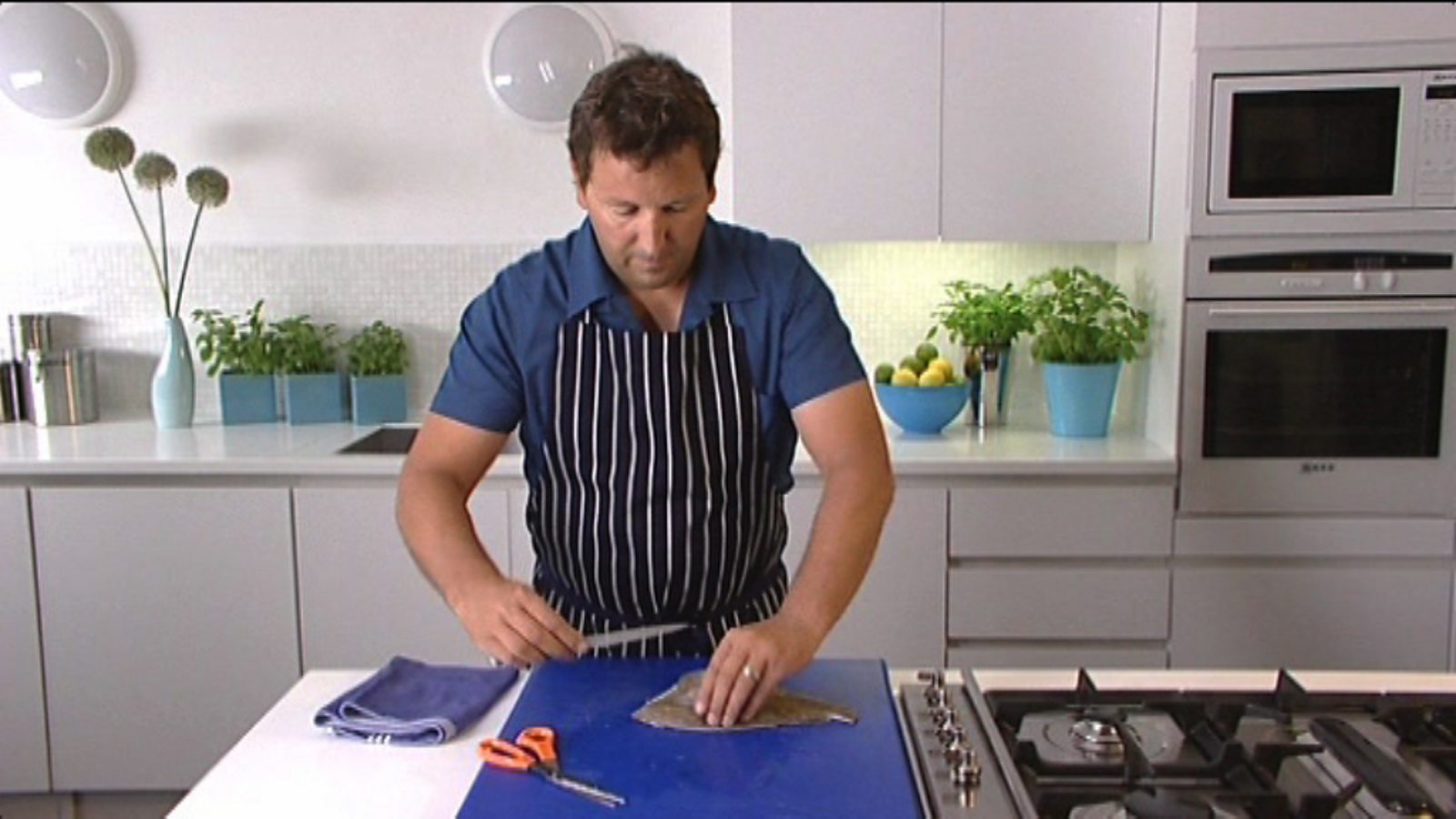 Roasted sea bass with chorizo, red onion and cherry tomatoes recipe