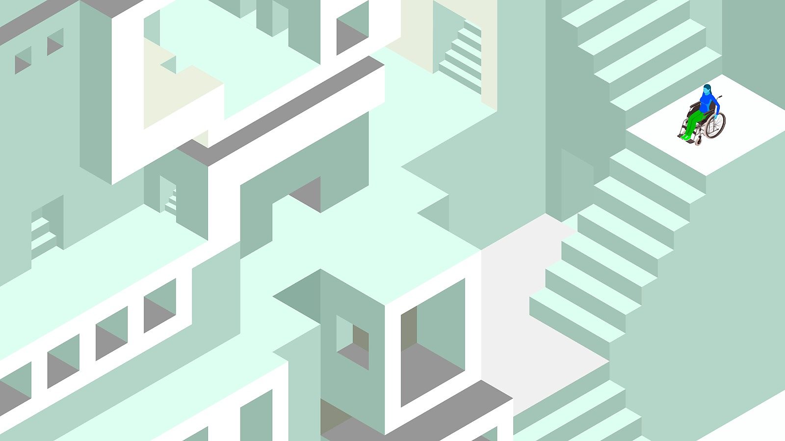 A graphic of stairs with a wheelchair user at the top