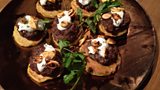 Pumpkin Pancakes, Spiced Mince Patties, Scallion Coriander Sour Cream & Honey Cumin Glazed Pepitas