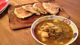 Rich Beef & Lumper Potato Soup with Potato & Scallion Griddle Scones