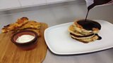 Corn Fried Chicken with Scallion Garlic Sour Cream & Blueberry Pancakes with Blueberry Syrup