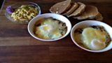 Curried Eggs, Wholemeal Pancakes & Baked eggs with Mushrooms & Smoked Cheese