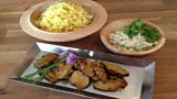 Grilled Lamb with ÃÛÑ¿´«Ã½made Garam Masala, Coconut and Ginger Chutney, Lemon Rice with Chickpeas