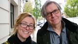 Emma Fielding & James Fleet outside the studio