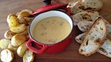 Cheddar and Crispy Bacon Fondue/Irish Cream Cheesecake with Candied Hazelnuts and Whiskey and Honey Roast Plums