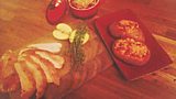 Thanksgiving Apple Buttered Turkey in Cheesecloth, Bacon and Onion Stuffed Baked Sweet Potatoes, Creamed Red Cabbage Gratin