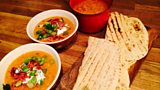 Lentil soup with crispy bacon, scallions and parsley cream & Griddle flat breads