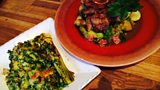 Crunchy Roast Leek Gratin & Ale & Honey Glazed Rump of Lamb, Hot Potato & Leek Salad