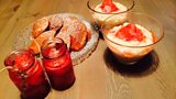 Vanilla Rice Pudding with Clotted Cream & Rhubarb and Elderflower Compote, Raspberry and Coconut Madeleines
