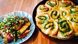Soda Bread and Pesto Swirl Loaf & Warm Beef and Potato Salad with Rustic Walnut and Horseradish Pesto