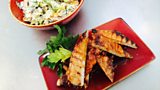 Elderflower, honey and cider glazed pork chops with grilled Waldorf salad, scallion and buttermilk dressing