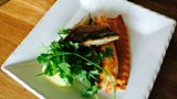 Mango, lemon and ginger grilled mackerel or trout, pickled tomatoes, curry butter roasted potatoes with mint