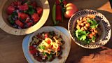 Tostada with Braised Beef, Beans and Caramelized Onions, Tomato Salsa