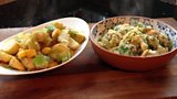 Sausage Patties with Leeks, Butterbeans, Mustard Cream, and Turnip, Potato and Bacon Hash