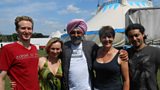 Hardeep cooks lunch for circus performers Craig Litherland, Germaine Delbosq-Carmona, Yasmine Smart and Gabriel Carmona