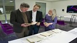 Professor Jack Winkler, Jonathan Freedland and Louise Foxcroft look at obesity titles at the Wellcome Collection Library