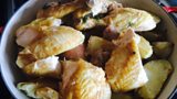 Roast Chicken with Potatoes, Sausage and Mustard Dressing