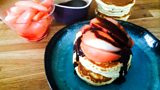 Oat Pancakes with Cherries, Pomegranate and Honey Roasted Pears and Chocolate Sauce