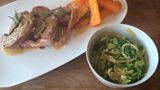 Bacon roasted brisket with horseradish gravy, rosemary roast carrots and creamed spring cabbage