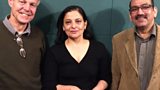 Matthew Parris with Sudha Bhuchar and Lalit Mohan Joshi.