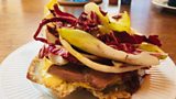 Smoked duck sandwich with satsuma mayonnaise on a homemade sourdough roll