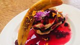 Vegan & gluten free pancakes with fresh berries and brûlée banana