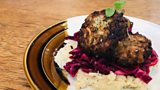Celeriac fritters with butter bean mash and pickled red cabbage