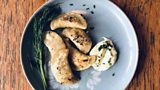 Vegan pierogi with egg-free dill mayonnaise dip