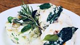 Chicken ballotine stuffed with Stanage Millstone Cheese and preserved local heritage tomatoes