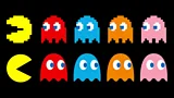 A row of classic pixelated versions above clearer, newer versions of Pac-Man and colourful ghosts (Credit: Alamy)