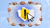 Several hands hold computer windows with "X" and exclamation point warning signs over a desktop screen that says "AI" (Credit: Serenity Strull/ BBC/ Getty Images)