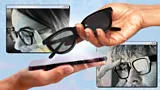 A collage of hands holding a pair of smart glasses and one holding a phone, by two open web windows of a man and a woman wearing smart glasses (Credit: BBC/ Serenity Strull/ Getty Images)