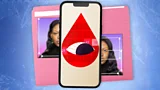 A stylised graphic of a red blood drop containing an eye, displayed on a smartphone screen. Parts of a woman's face are seen on a file folder behind the smartphone (Credit: BBC/ Serenity Strull/ Getty Images)