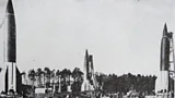A grainy, black and white photograph of three v2 rockets (Credit: Getty Images)