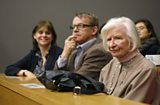 Sarah Harper, Hans Rosling and P.D. James wait to go on stage at the LSE