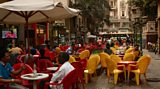 Just one corner of El Borsa’s sprawling cafes, differentiated only by the coloured chairs