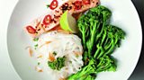 Chilli poached salmon with soy-lime noodles and broccoli