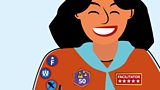 a woman wearing badges earned when becoming a great facilitator