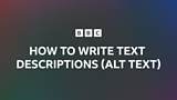A small image with a  logo and How to write text descriptions (alt text) is on top of a dark ambient background.