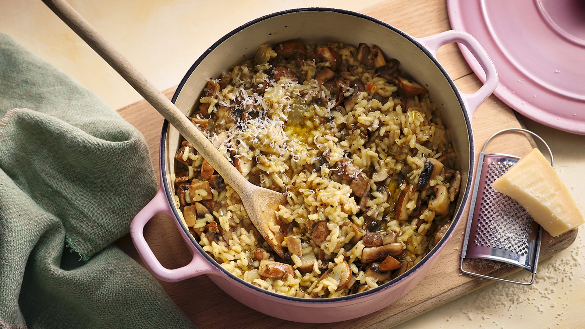 BBC BBC Food, An easy oven baked mushroom risotto by Kerry Whelpdale